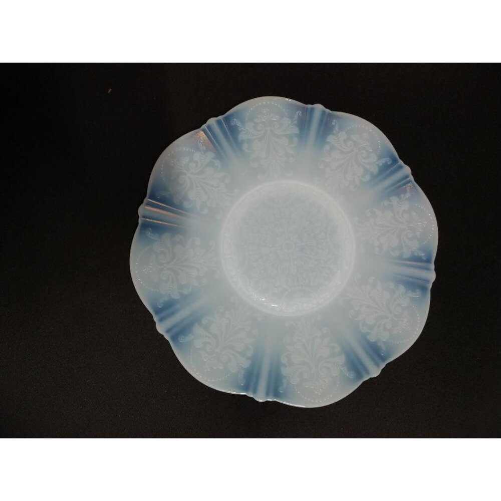 Vintage Opalescent Blue & White Glass Plate W/Scalloped Edge w/Fleur-De-Lis Patt